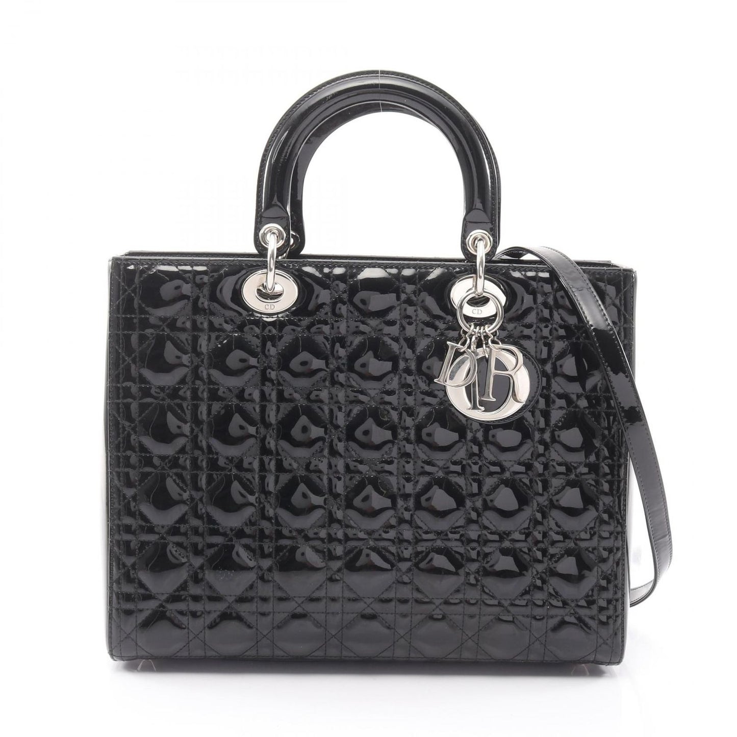 Dior Dio Handbag Ladydio Cannage Black Patent Leather 2-Way Tote
