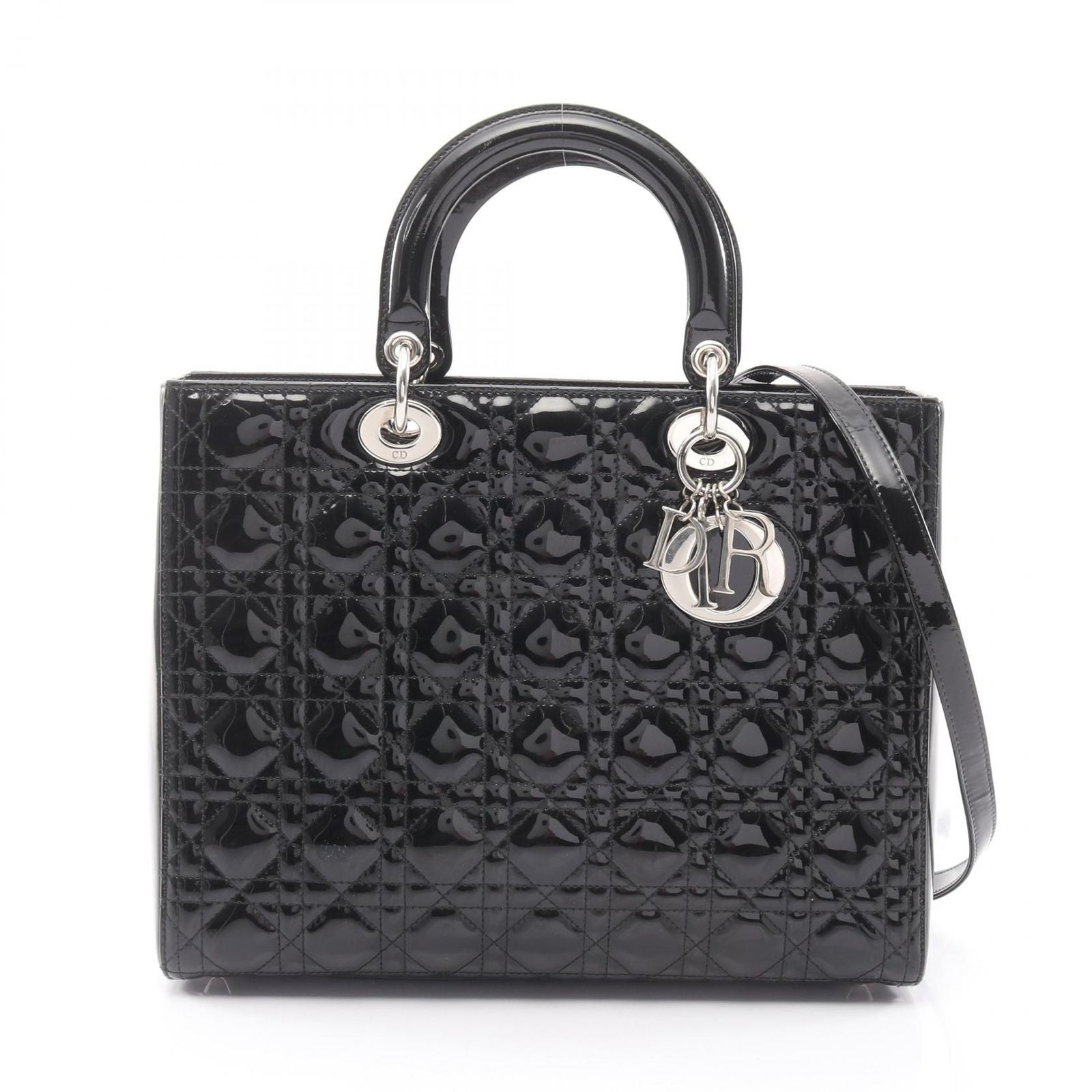 Dior Dio Handbag Ladydio Cannage Black Patent Leather 2-Way Tote