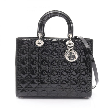 Dior Dio Handbag Ladydio Cannage Black Patent Leather 2-Way Tote