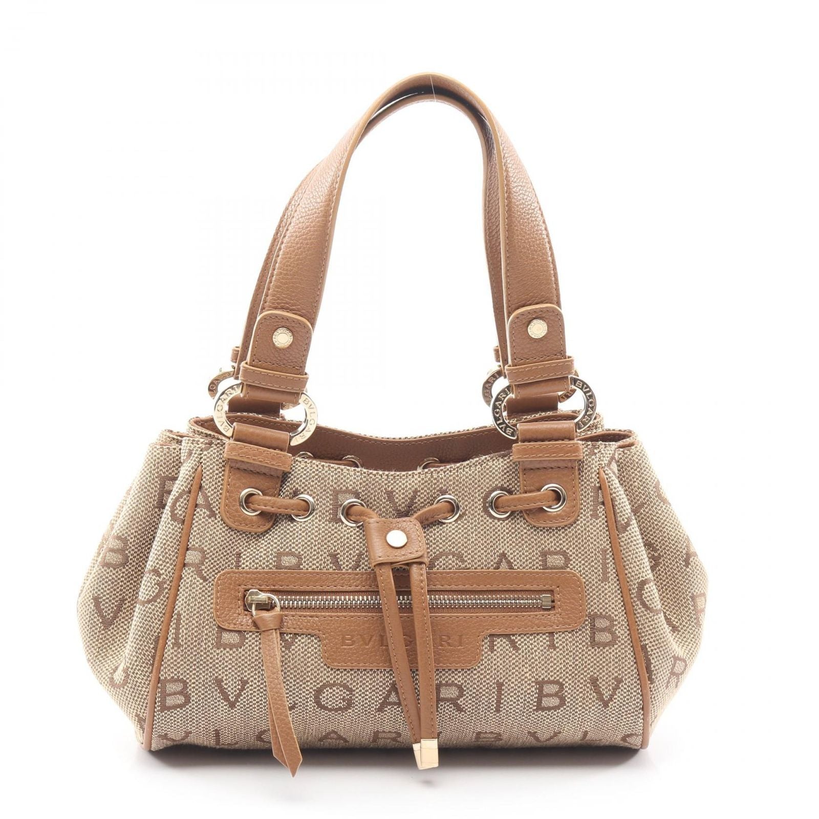 Bvlgari Bule Handbag Logo Maa Matreestare Beige Brown Canvas Leather