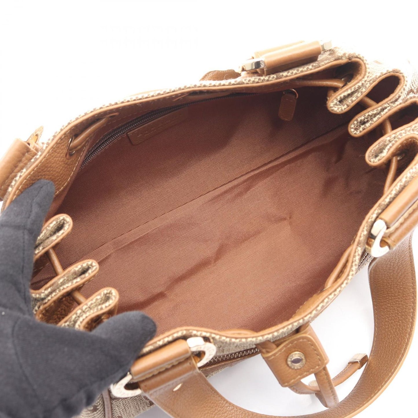 Bvlgari Bule Handbag Logo Maa Matreestare Beige Brown Canvas Leather — view 3