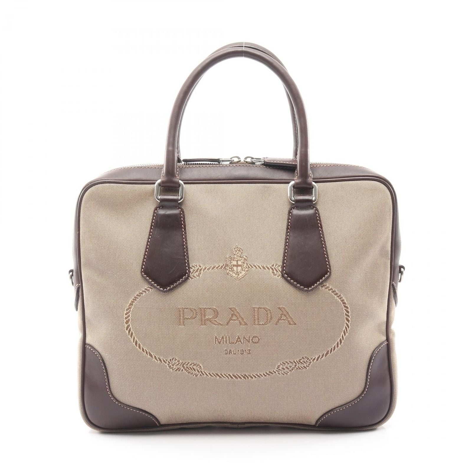 Prada Lada Handbag Beige Brown Canvas Leather delogo Briefcase