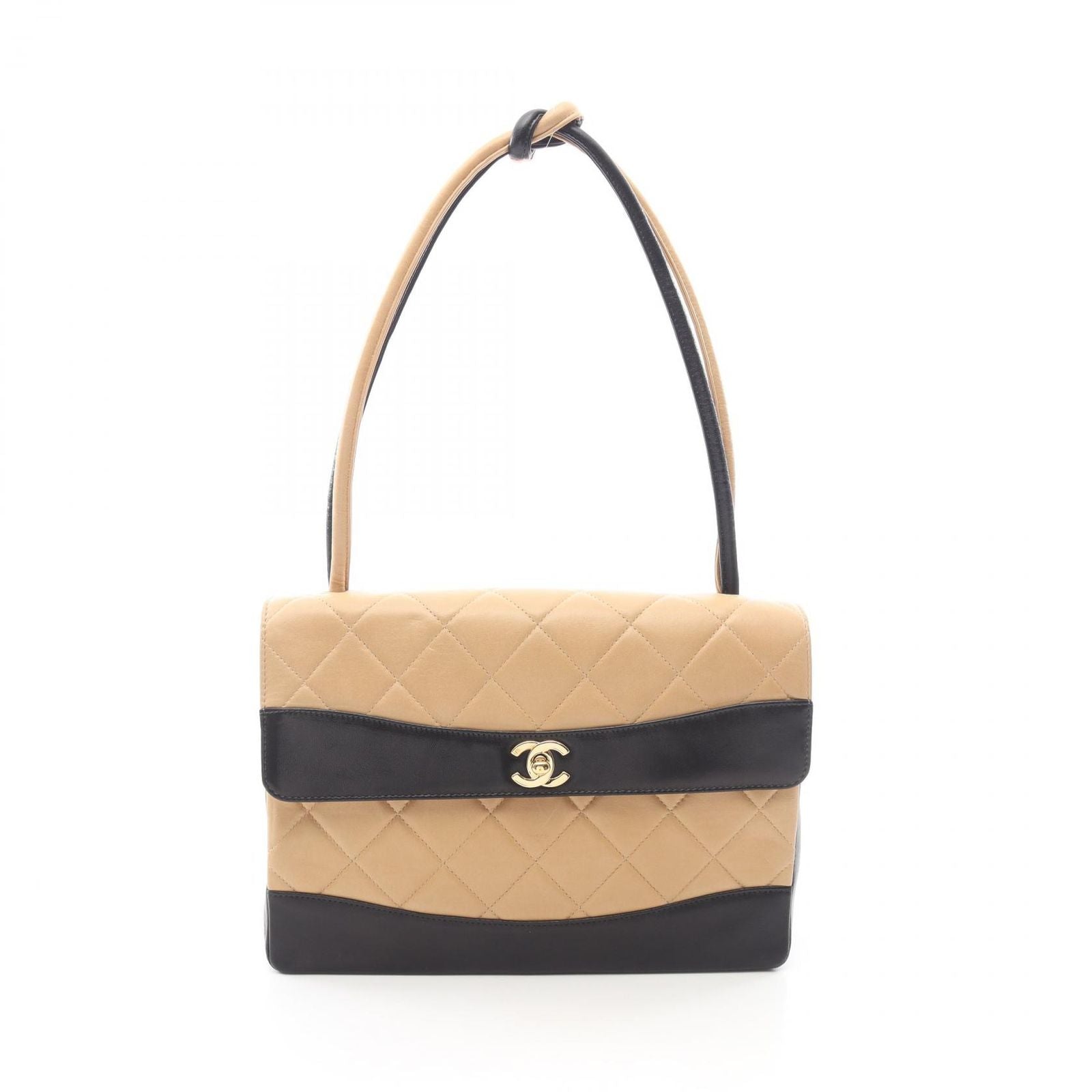 Chanel Shoulder Bag Quilted Beige Black Lambskin