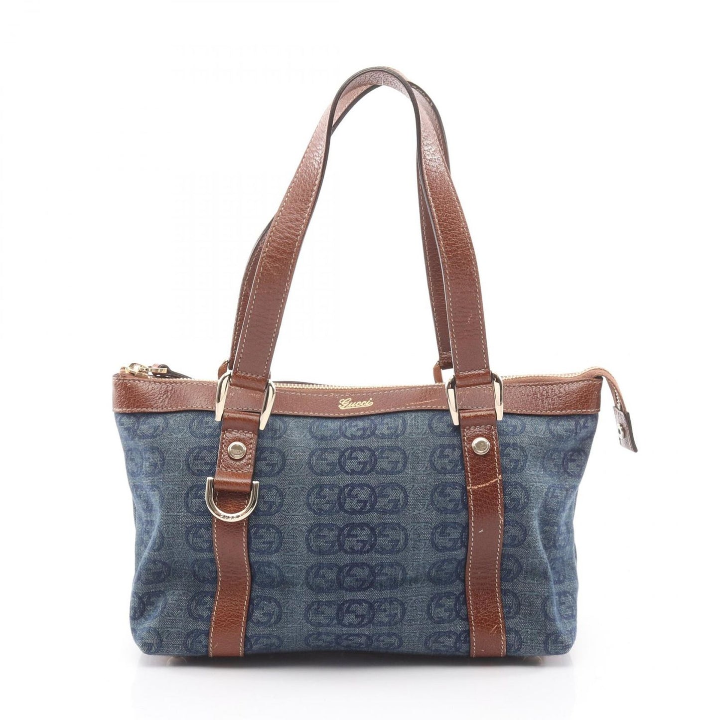 Gucci Tote Abbey Interlocking Denim Blue Brown Handbag