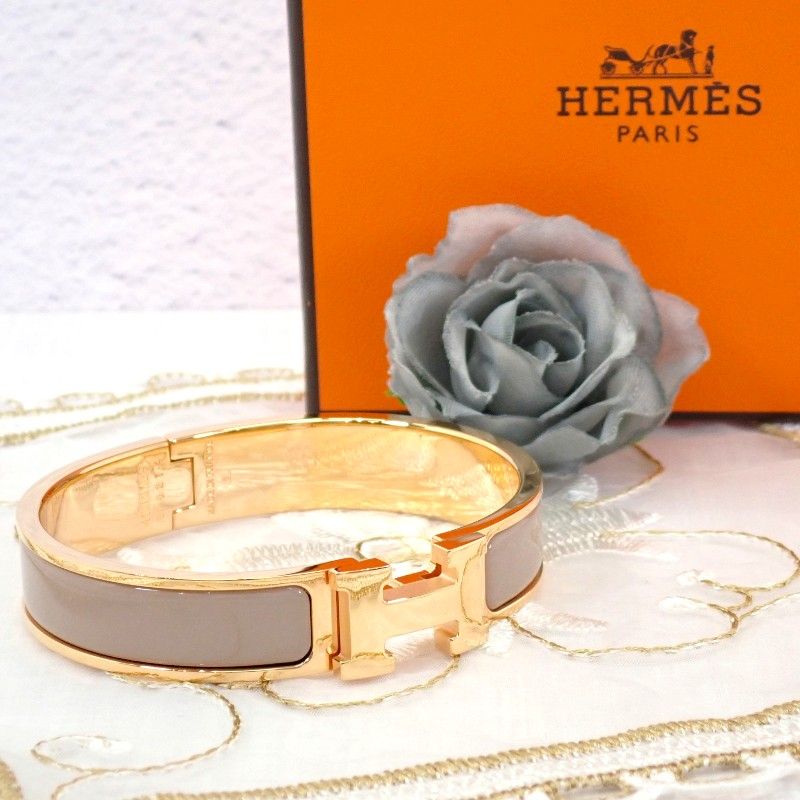 Hermes Click Bracelet Bangle Metal Pink Gold Enamel Gray Brown Glasse