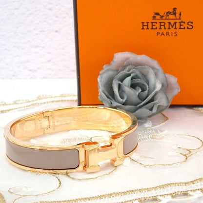 Hermes Click Bracelet Bangle Metal Pink Gold Enamel Gray Brown Glasse