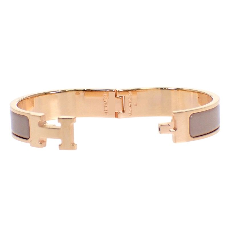 Hermes Click Bracelet Bangle Metal Pink Gold Enamel Gray Brown Glasse — view 3