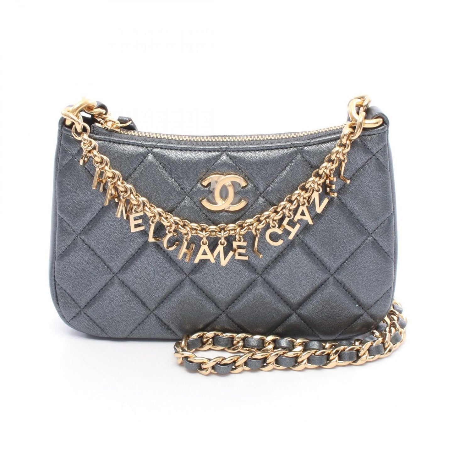 Chanel Shoulder Bag Quilted CC Logo Silver Gray Lambskin Che