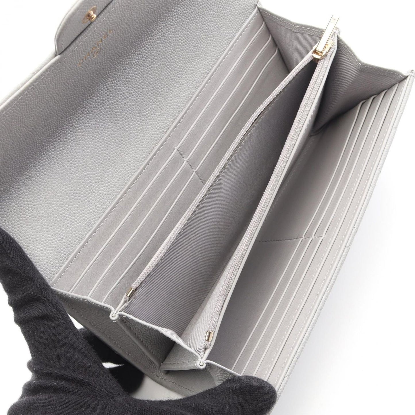 Chanel Bifold Wallet Classic Long Flap Quilted Gray Caviar Leather Zip — view 3