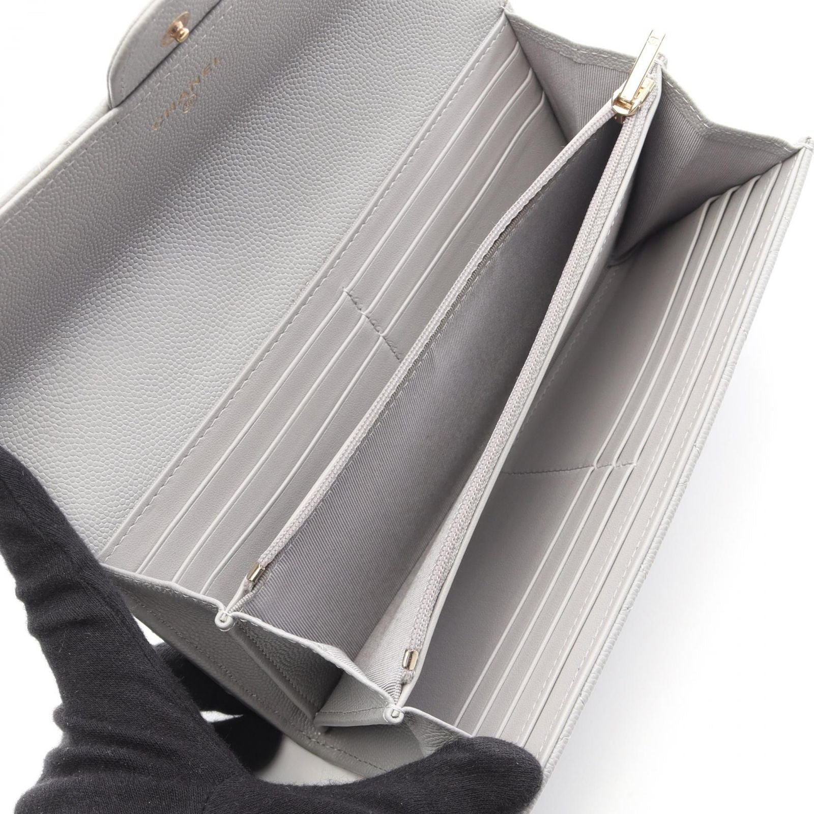 Chanel Bifold Wallet Classic Long Flap Quilted Gray Caviar Leather Zip — view 3