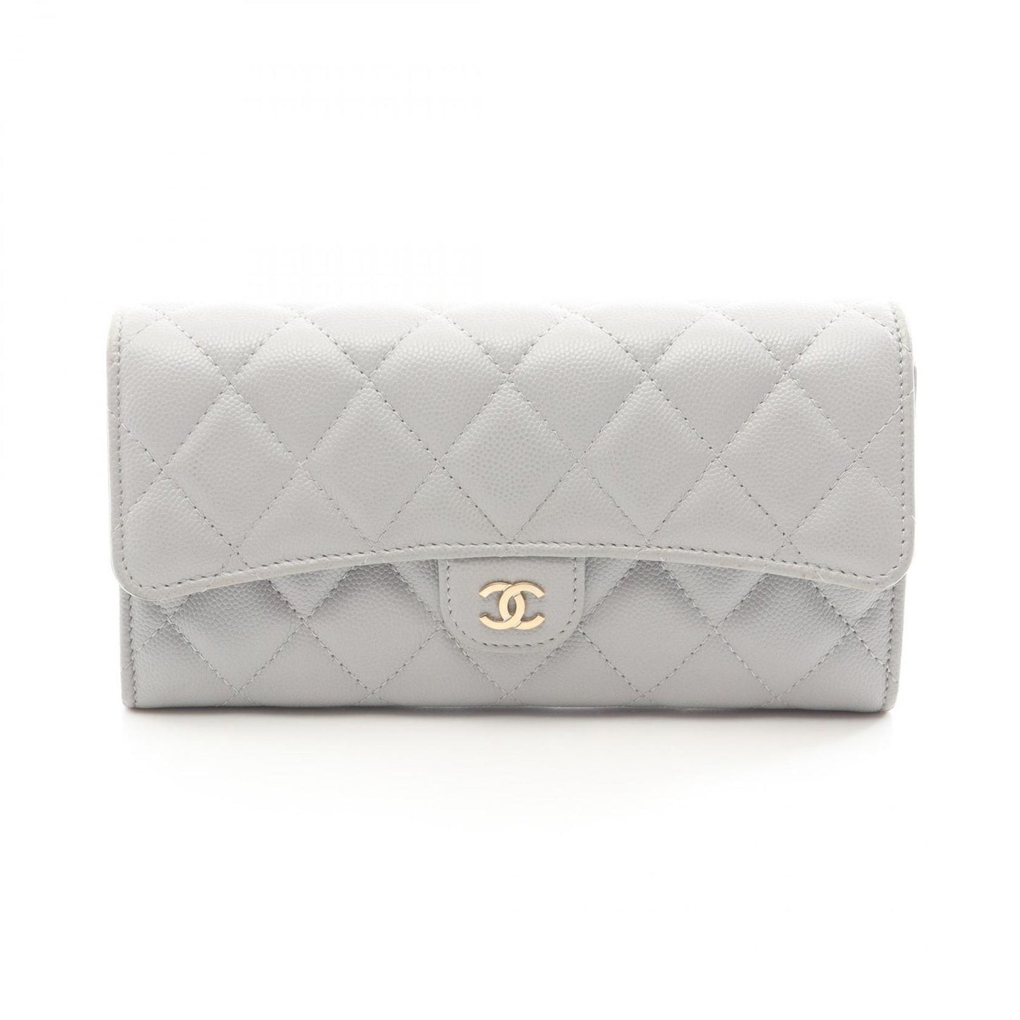 Chanel Bifold Wallet Classic Long Flap Quilted Gray Caviar Leather Zip