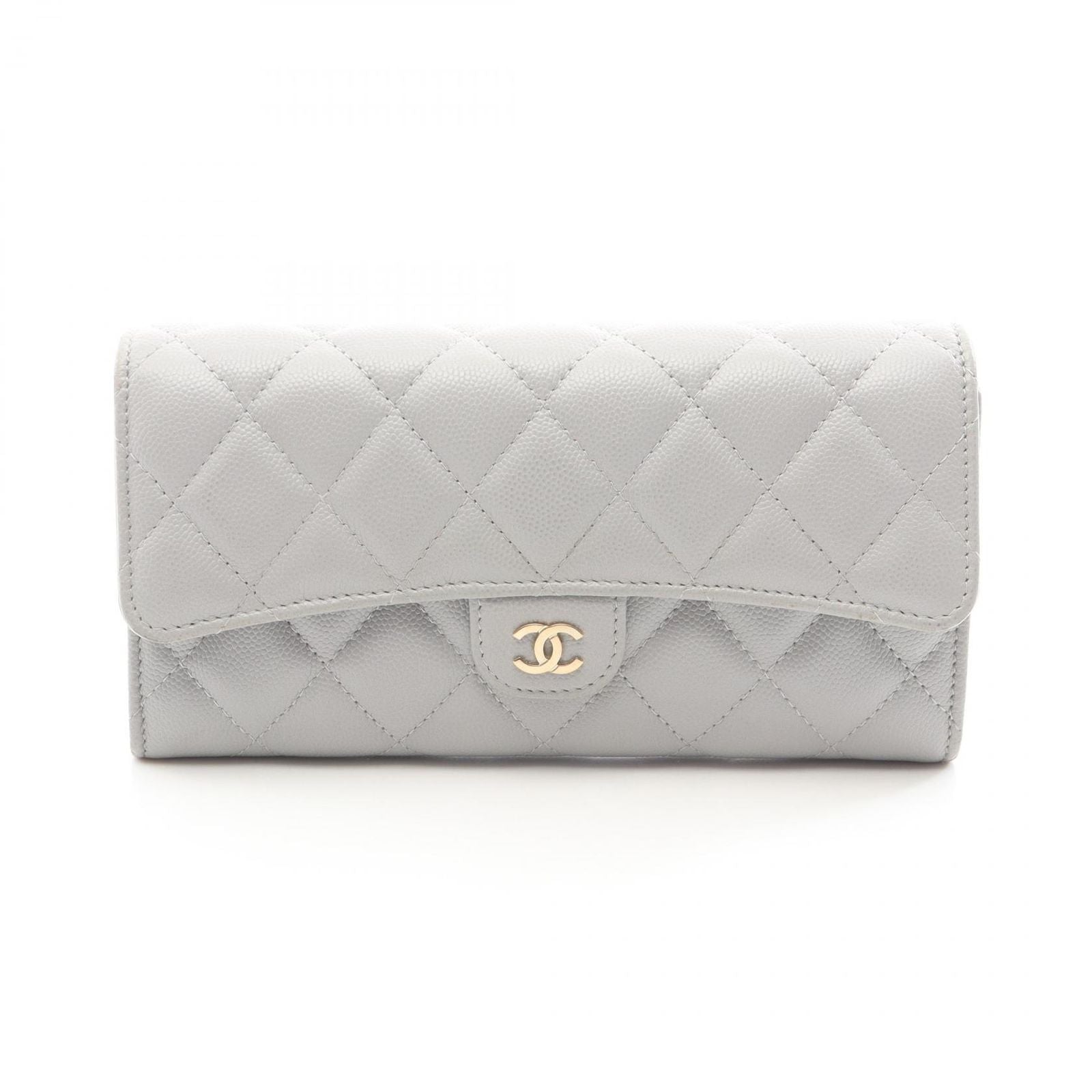 Chanel Bifold Wallet Classic Long Flap Quilted Gray Caviar Leather Zip