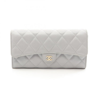 Chanel Bifold Wallet Classic Long Flap Quilted Gray Caviar Leather Zip