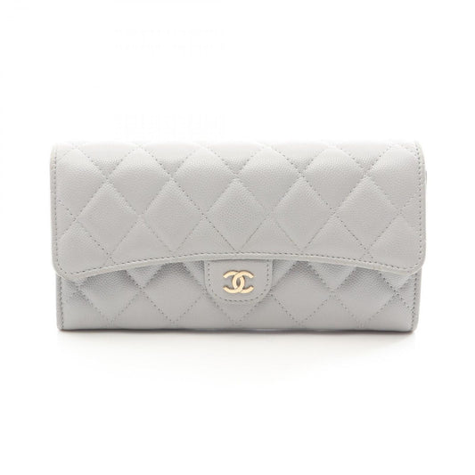 Chanel Bifold Wallet Classic Long Flap Quilted Gray Caviar Leather Zip