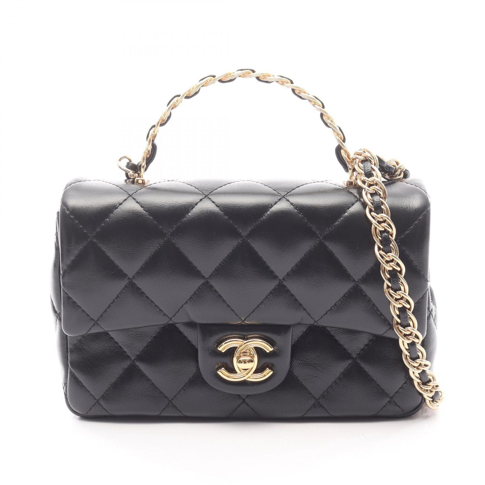 Chanel Shoulder Bag Quilted Small Lutop Handle Black Leather Top 2-Way Chang