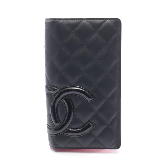 Chanel Bifold Wallet Cambon Line Black Leather Patent Zip