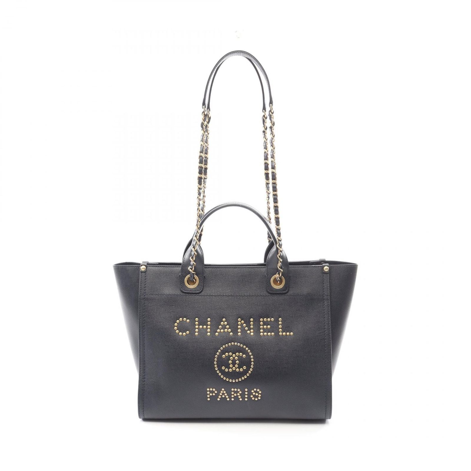 Chanel Tote Deauville Navy Leather Logo Studded