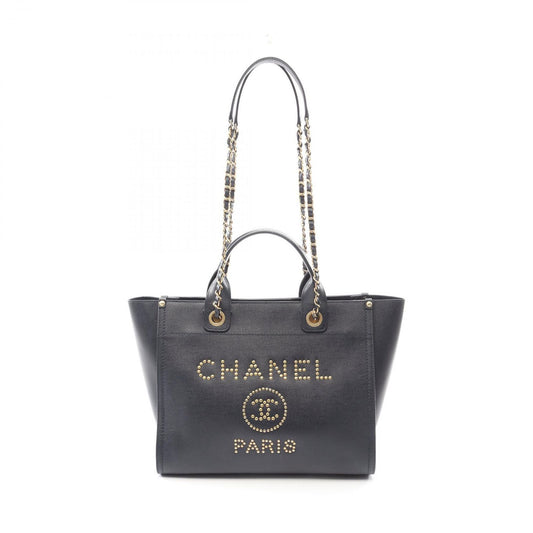 Chanel Tote Deauville Navy Leather Logo Studded