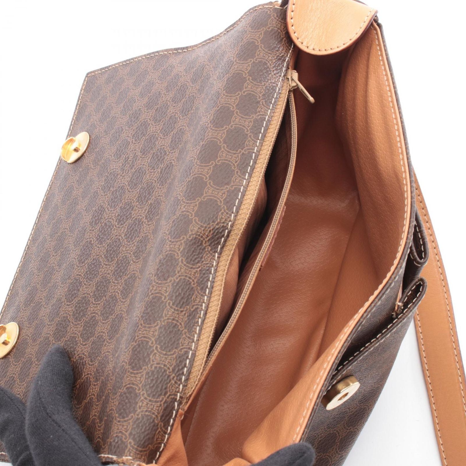 Celine Shoulder Bag Macadam Dark Brown Natural Canvas Leather — view 3