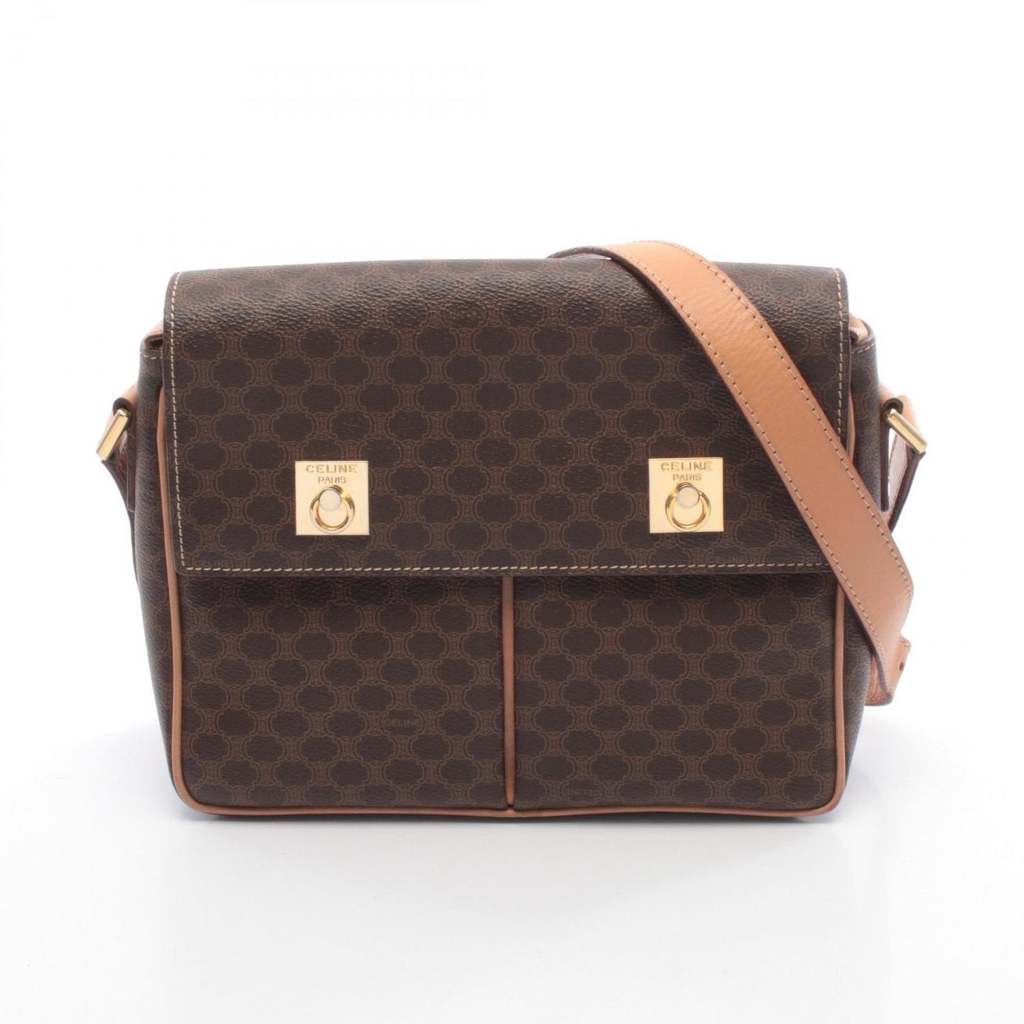 Celine Shoulder Bag Macadam Dark Brown Natural Canvas Leather