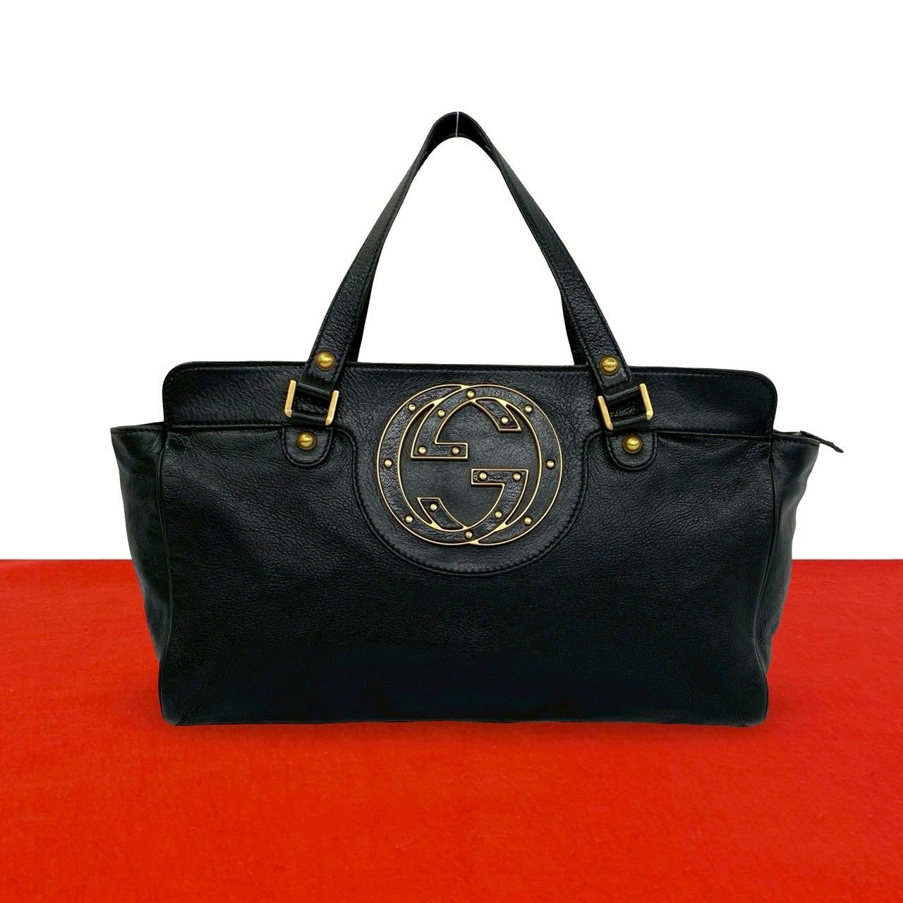 Gucci Interlocking Studs Leather Mini Tote Boston Bag Black