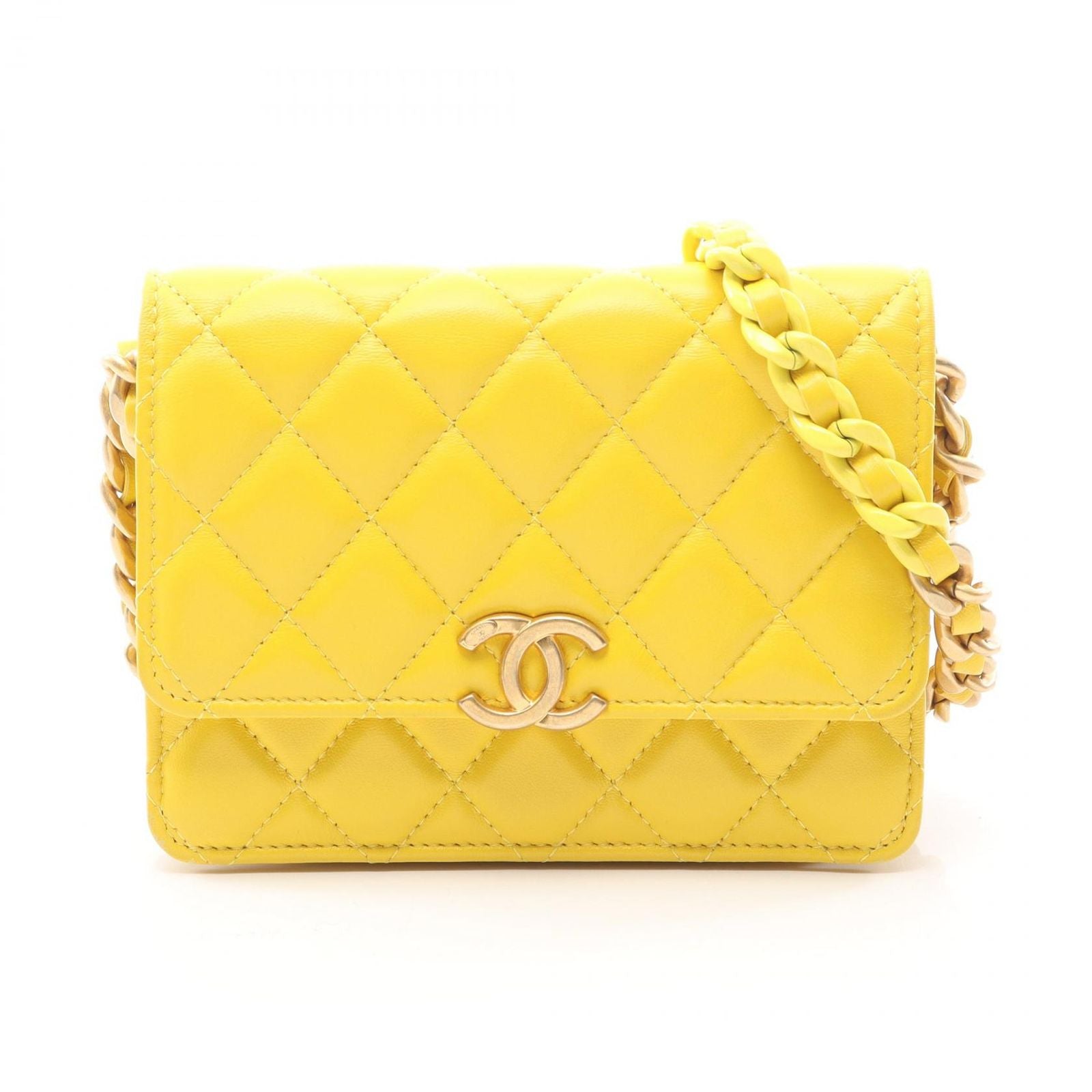 Chanel Shoulder Bag Quilted Mini Yellow Lambskin Chain Wallet