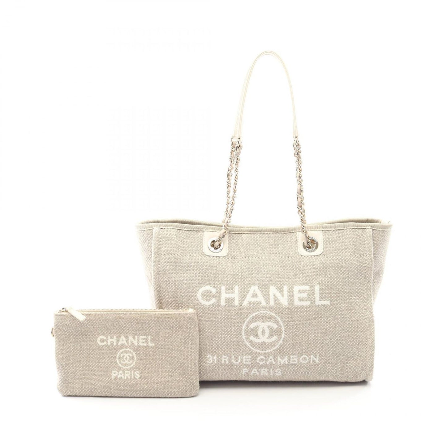Chanel Tote Deauville Light Gray Canvas Leather Chan MM Ready