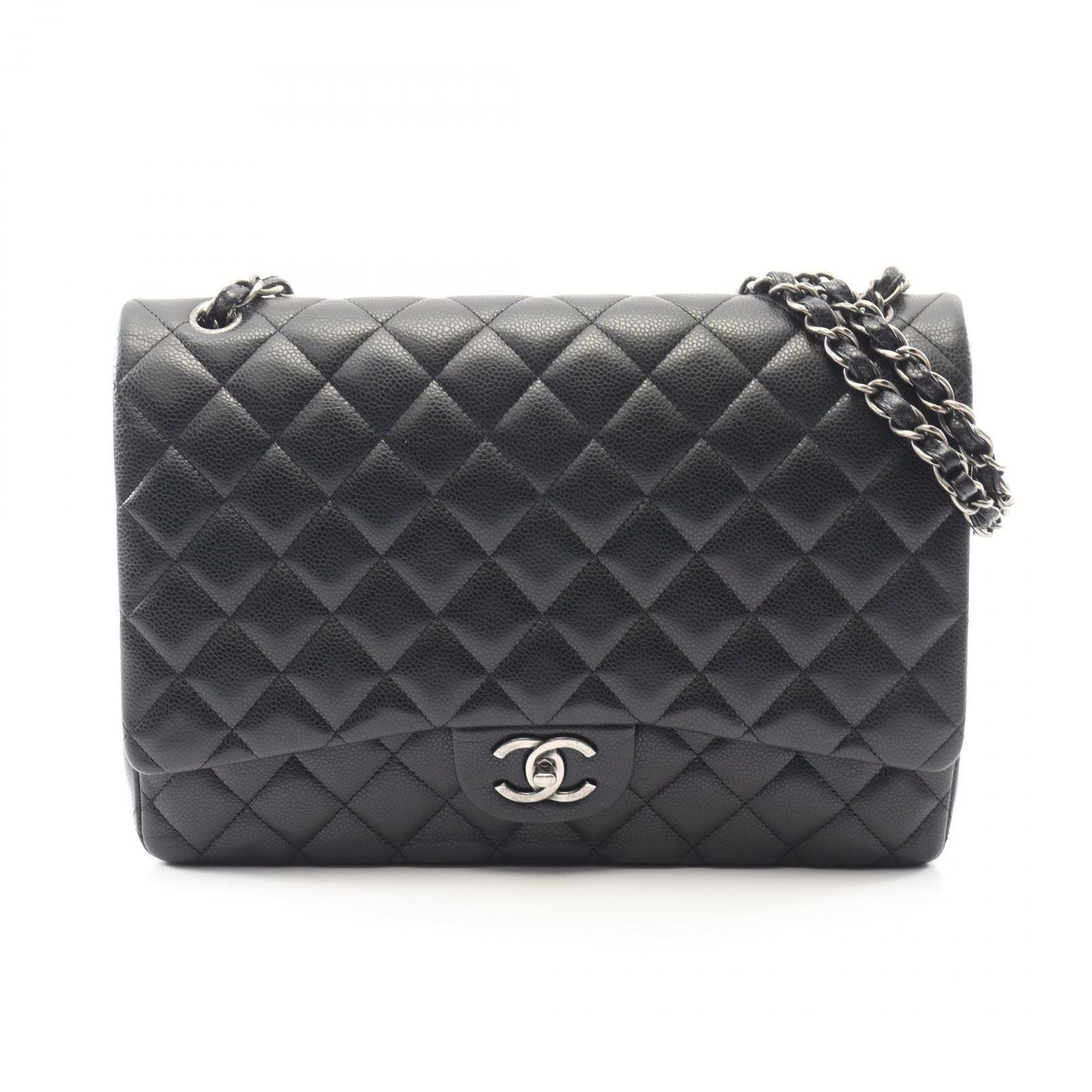 Chanel Shoulder Bag Big Quilted 34 Double Flap Black Leather Chain