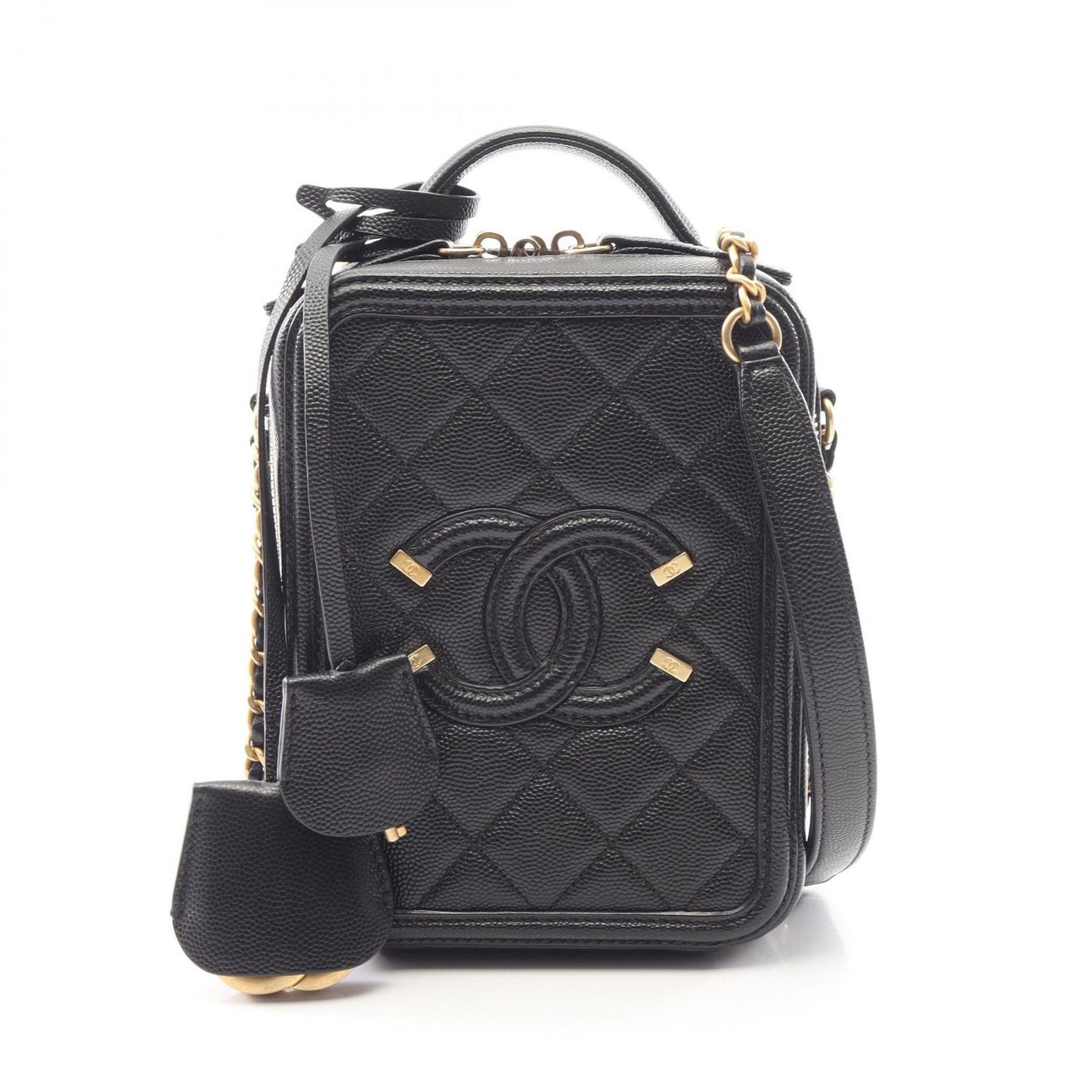 Chanel Shoulder Bag CC Filigree 2-Way Black Caviar Leather CC Quilted Vanity