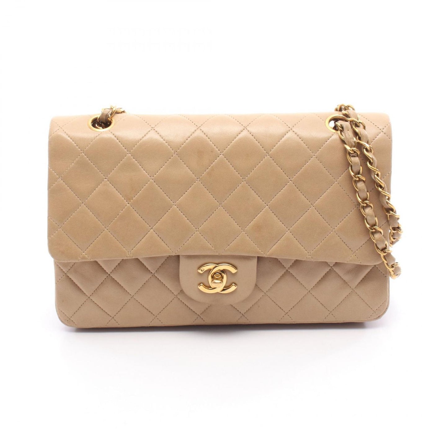 Chanel Shoulder Bag Quilted Double Flap Beige Lambskin Chain