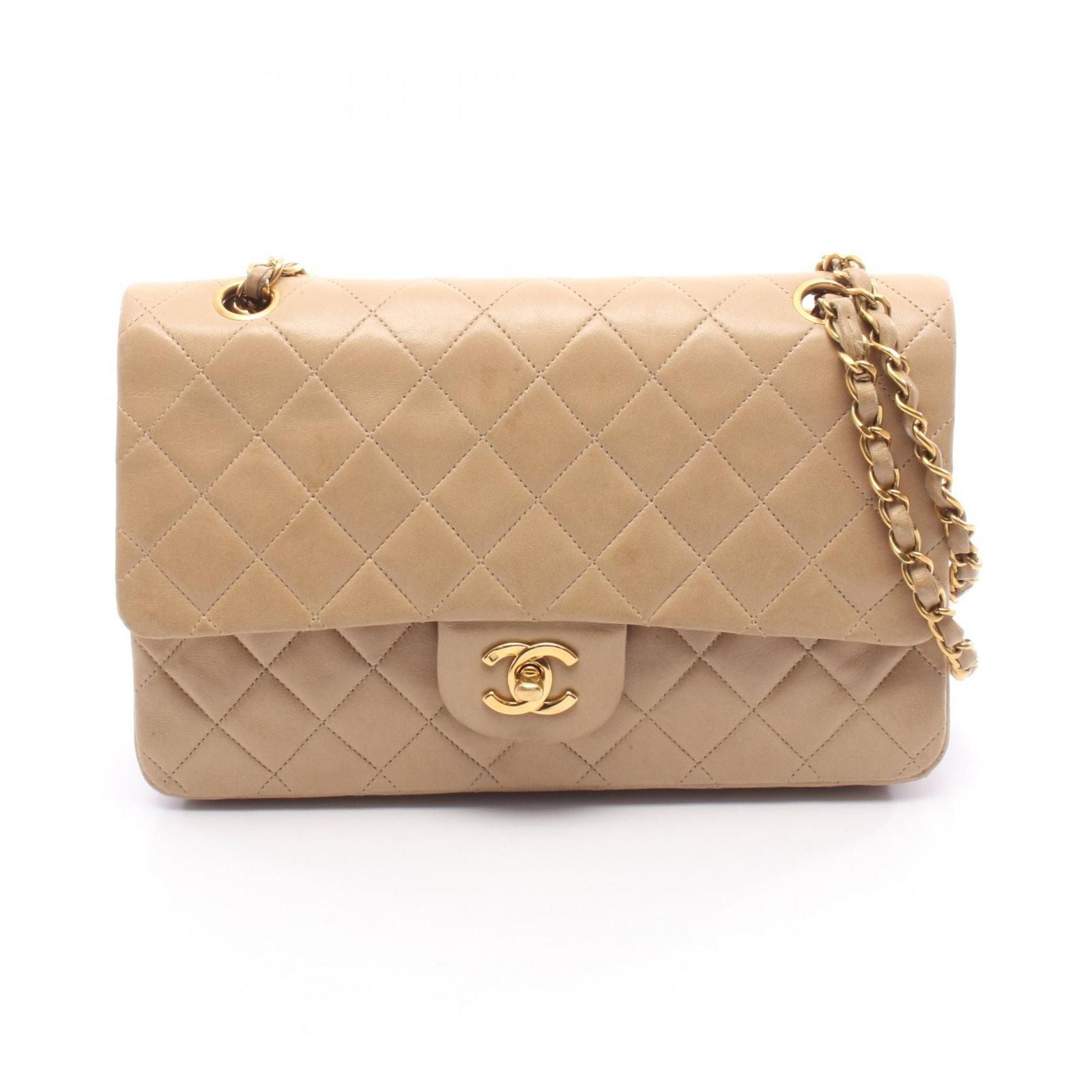 Chanel Shoulder Bag Quilted Double Flap Beige Lambskin Chain