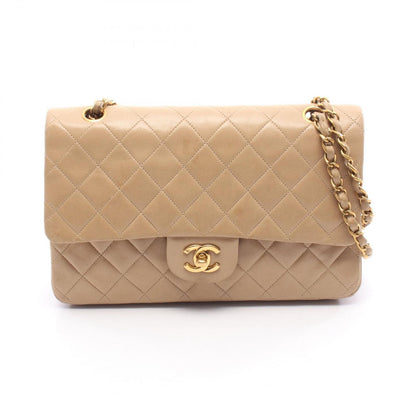 Chanel Shoulder Bag Quilted Double Flap Beige Lambskin Chain