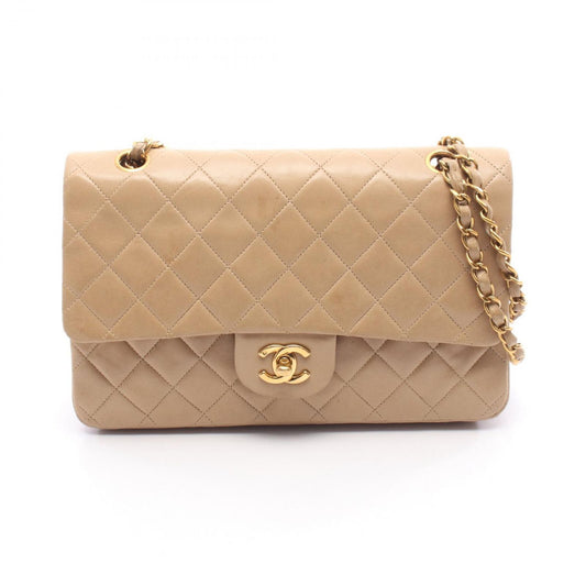 Chanel Shoulder Bag Quilted Double Flap Beige Lambskin Chain