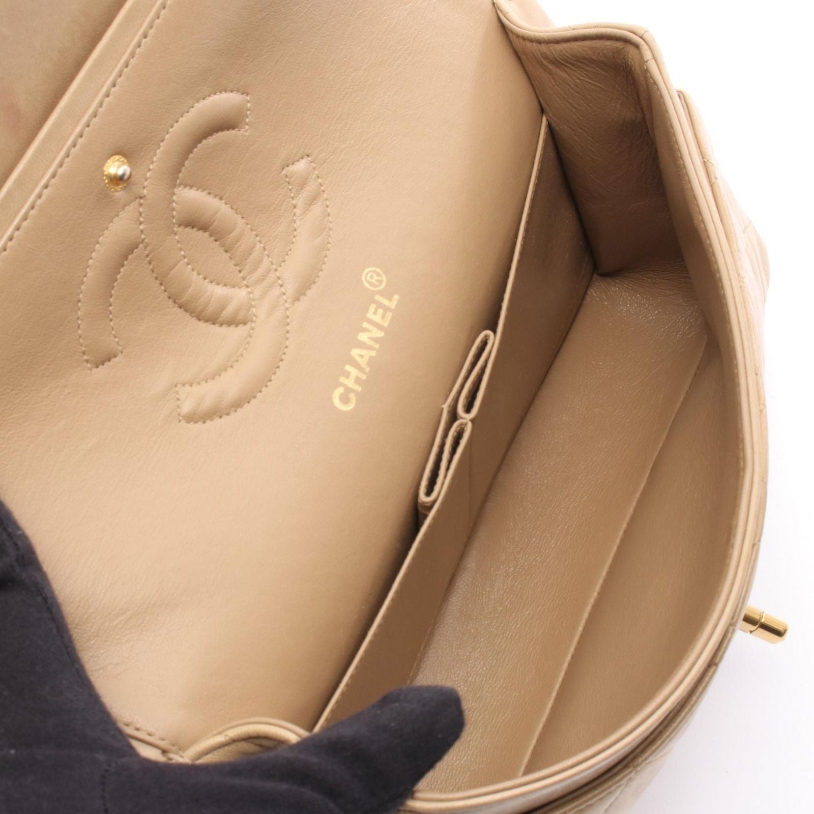 Chanel Shoulder Bag Quilted Double Flap Beige Lambskin Chain — view 3