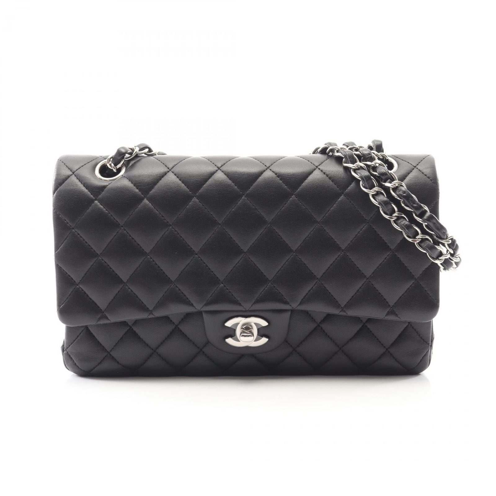Chanel Shoulder Bag Quilted Double Flap Black Lambskin Chain