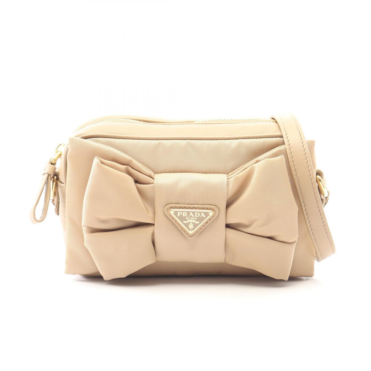 Prada Shoulder Bag Tessuto Fiocco Beige Nylon Leather Ribbon Mini