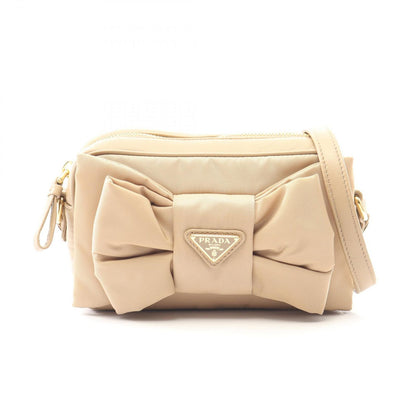 Prada Shoulder Bag Tessuto Fiocco Beige Nylon Leather Ribbon Mini