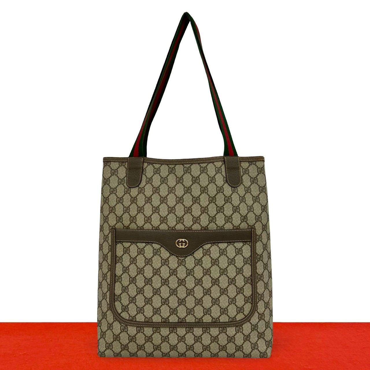 Gucci Vintage Sherry Line GG Logo Leather Tote Brown