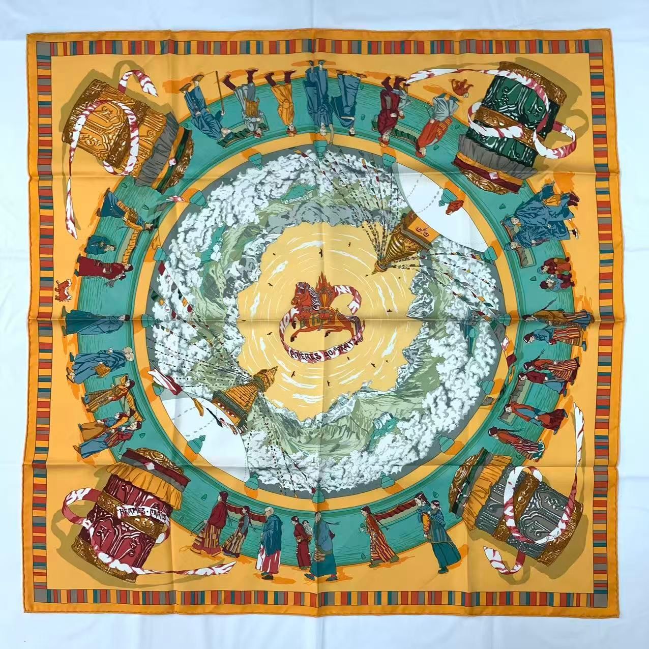 Hermes Carre 90 Scarf Silk Prieres AU Vent Prayer in the Wind Yellow