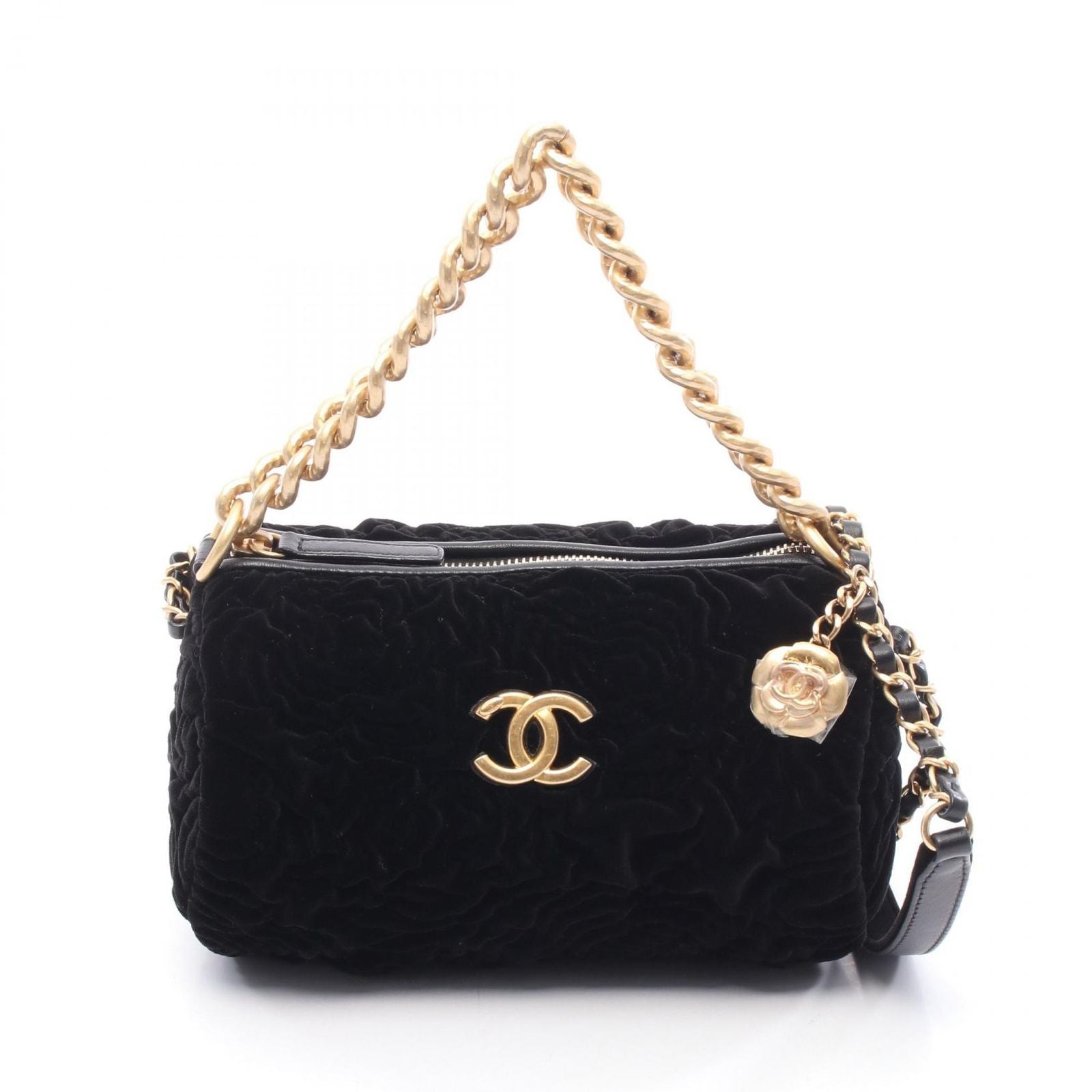 Chanel Shoulder Bag Camellia Black Leather 2-Way Chain