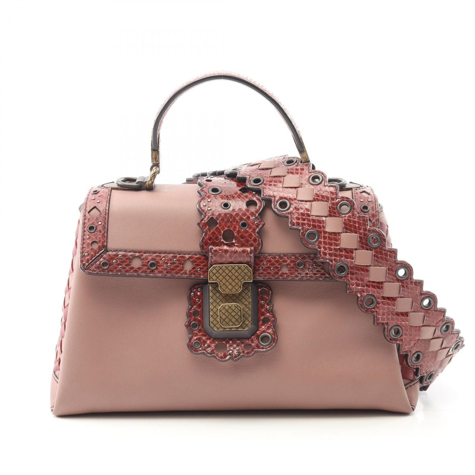Bottega Veneta Handbag Small Piazza Pink Brown Bordeaux Leather Intrecciato