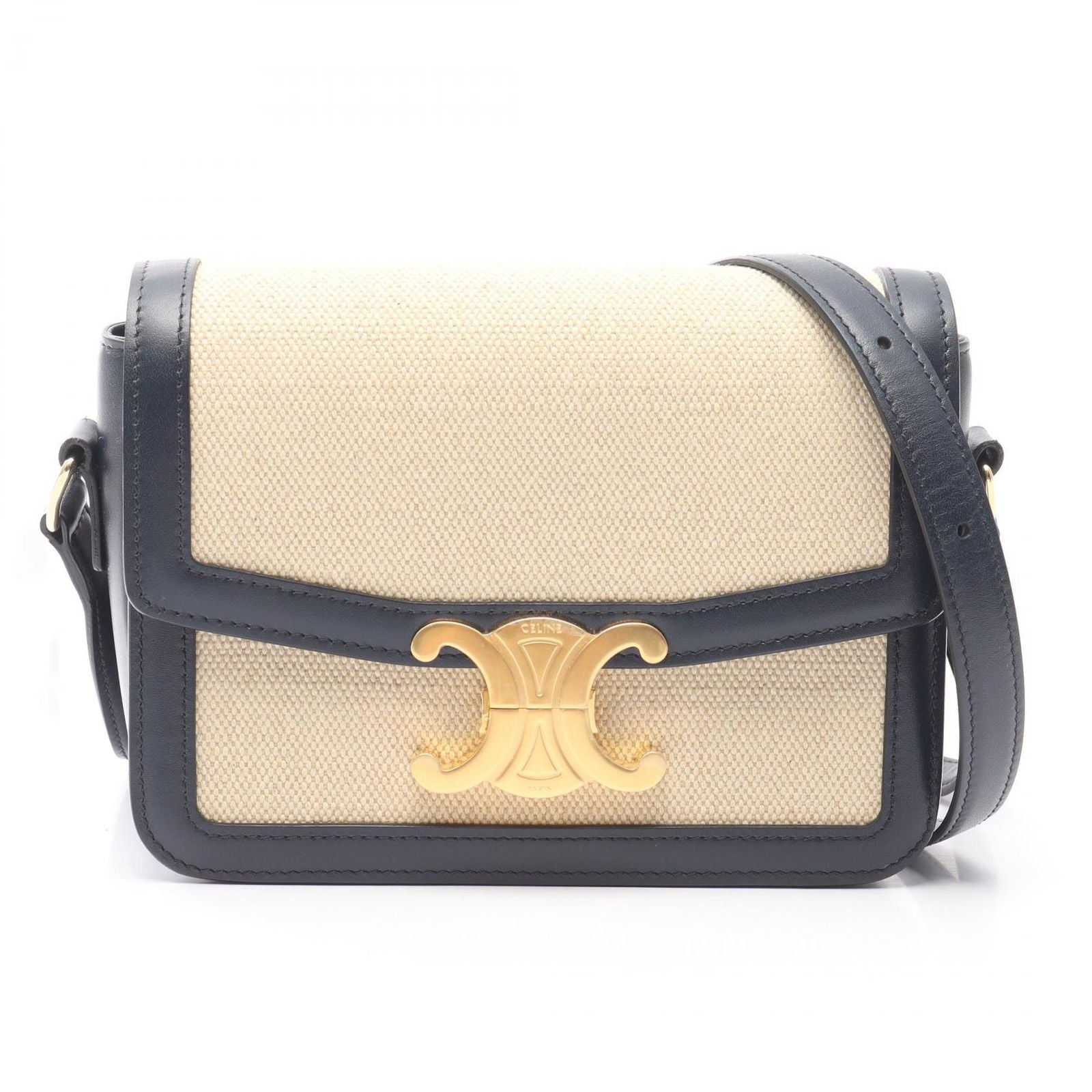 Celine Shoulder Bag Teen Triomphe Natural Navy Canvas Leather