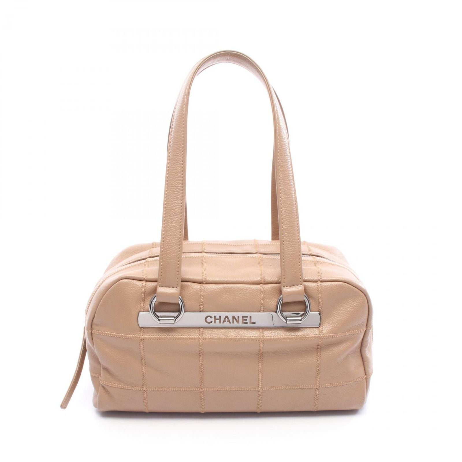 Chanel Boston Bag Choco Bar Beige Leather Calf Bar