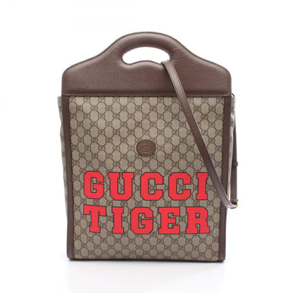 Gucci Tote GG Supreme Beige Brown Canvas Leather Tiger Web 2-Way Handbag