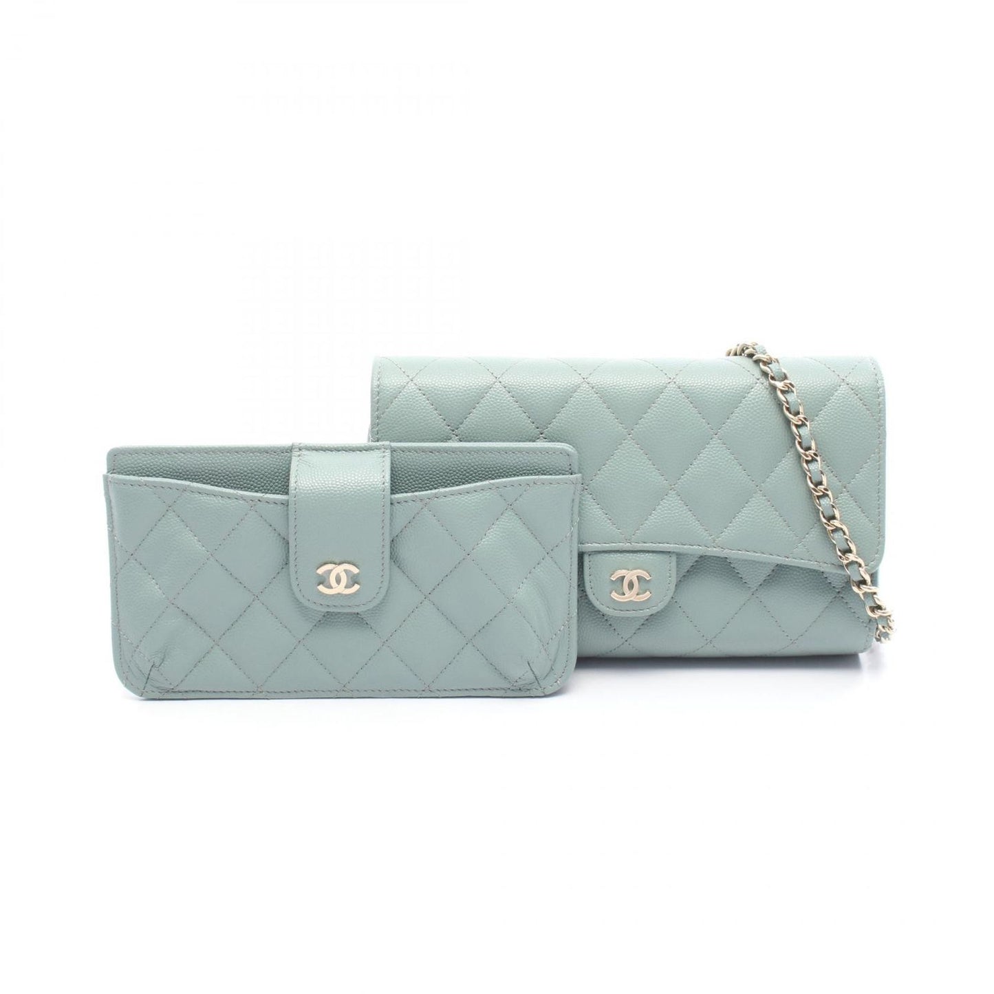 Chanel Shoulder Bag Quilted Blue Green Leather Calf Chain Wallet — view 6