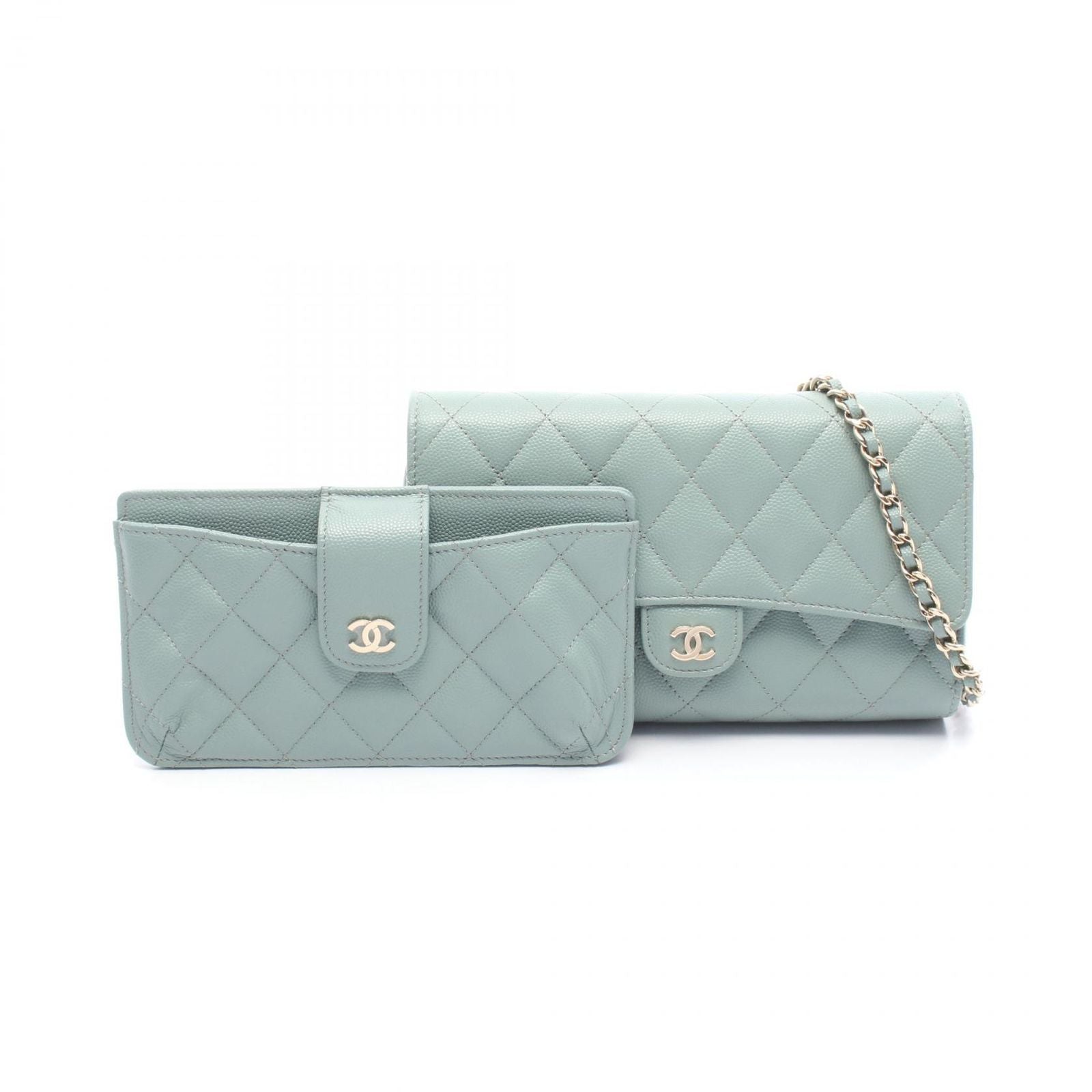 Chanel Shoulder Bag Quilted Blue Green Leather Calf Chain Wallet — view 6