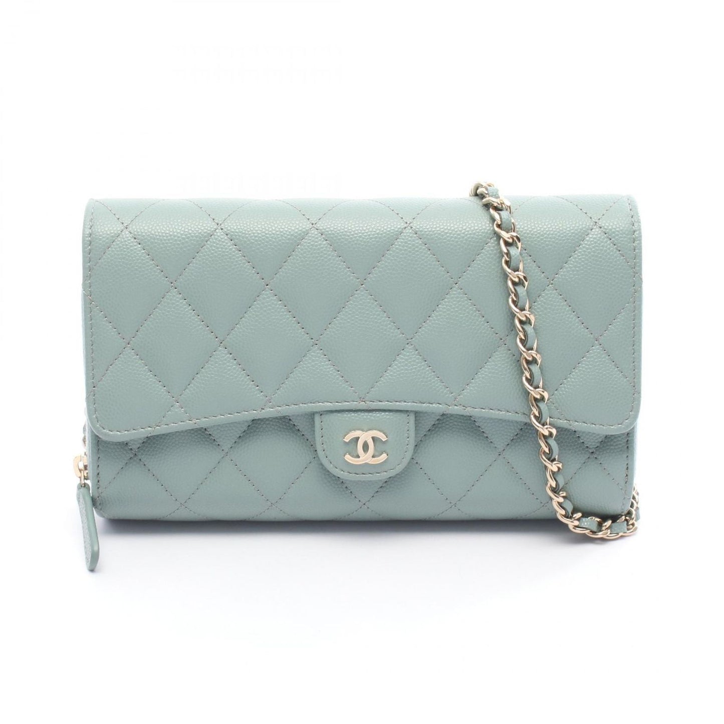 Chanel Shoulder Bag Quilted Blue Green Leather Calf Chain Wallet