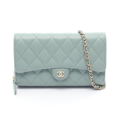 Chanel Shoulder Bag Quilted Blue Green Leather Calf Chain Wallet