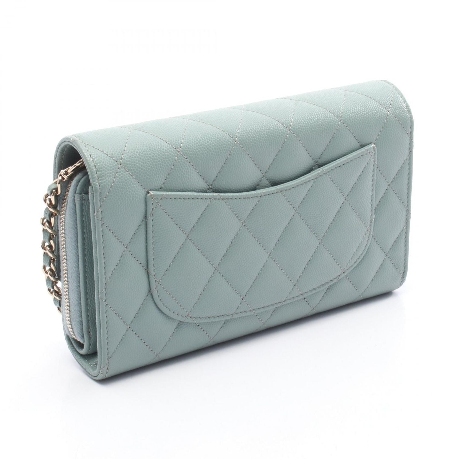 Chanel Shoulder Bag Quilted Blue Green Leather Calf Chain Wallet — view 2