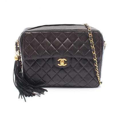 Chanel Shoulder Bag Black Lambskin Quilted Fringe Chain